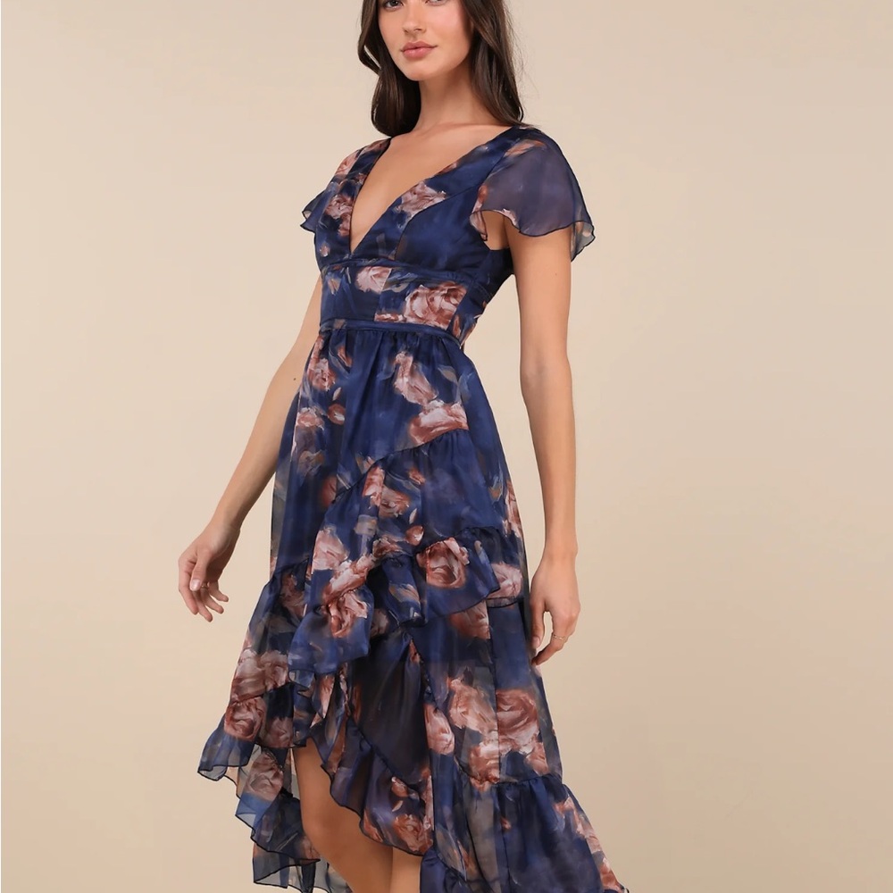 Lulus Navy floral backless high low midi dress